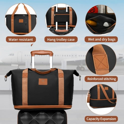 K2395L+S2366 - British Traveller 20 Inch Ultralight ABS And Polycarbonate Cabin Size Suitcase 3 Piece Travel Set with Travel Tote and Cosmetic Pouch - Black And Brown