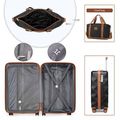 K2395L+S2366 - British Traveller 20 Inch Ultralight ABS And Polycarbonate Cabin Size Suitcase 3 Piece Travel Set with Travel Tote and Cosmetic Pouch - Black And Brown