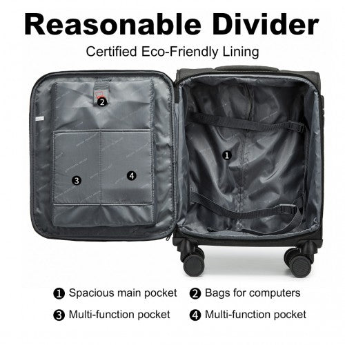 K2397L - British Traveller 20 Inch Lightweight Cabin Carry-On Suitcase with Soft Shell and Laptop Compartment - Black