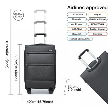 K2397L - British Traveller 20 Inch Lightweight Cabin Carry-On Suitcase with Soft Shell and Laptop Compartment - Black