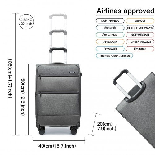 K2397L - British Traveller 20 Inch Lightweight Cabin Carry-On Suitcase with Soft Shell and Laptop Compartment - Grey