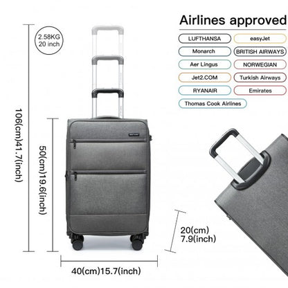 K2397L - British Traveller 20 Inch Lightweight Cabin Carry-On Suitcase with Soft Shell and Laptop Compartment - Grey