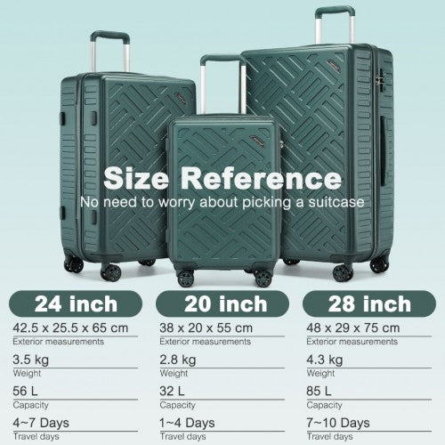 KSS2495 - Supercase 3-Piece Sleek Geometric Pattern Hard Shell ABS+PC Suitcase Set with TSA Lock For Effortless Travel - Military Green