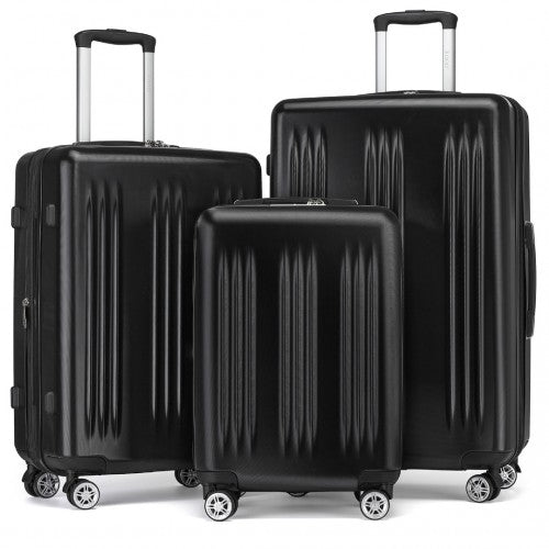 KSK2483 - Kono 3 Piece Luggage Set 20/24/28 Inch Sleek Striped Expandable ABS+PC Suitcase With TSA Lock And Four Spinner Wheels - Black