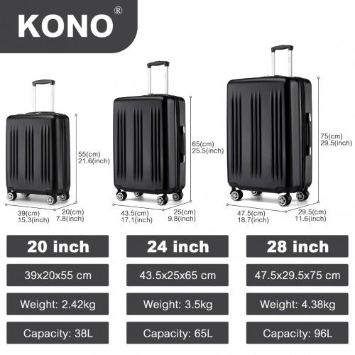 KSK2483 - Kono 3 Piece Luggage Set 20/24/28 Inch Sleek Striped Expandable ABS+PC Suitcase With TSA Lock And Four Spinner Wheels - Black