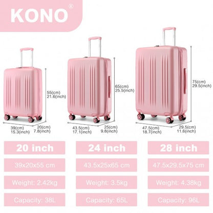 KSK2483 - Kono 3 Piece Luggage Set 20/24/28 Inch Sleek Striped Expandable ABS+PC Suitcase With TSA Lock And Four Spinner Wheels - Pink