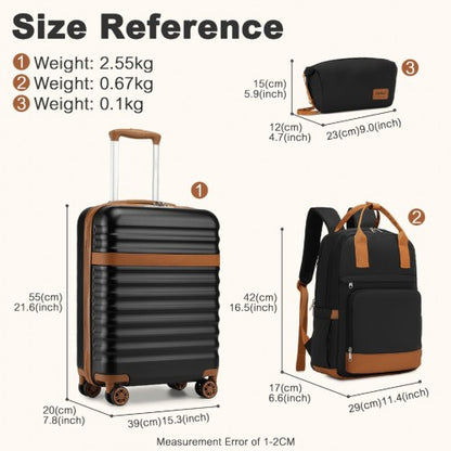 KSK2484+EQ2401 - Kono 20 Inch Stylish Hard Shell ABS+PC Cabin Suitcase Included Multi-Compartment Backpack with Small Pouch 3 Piece Travel Set - Black And Brown