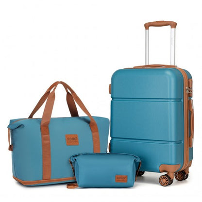 KSK2485+EA2212 - Kono 20 Inch Premium ABS Cabin Carry-On Suitcase Set With Weekend Bag And Toiletry Bag - Blue And Brown