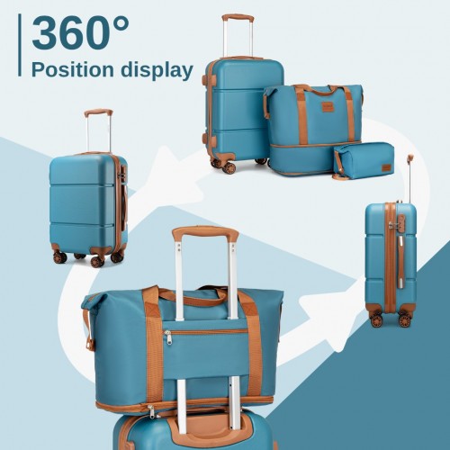 KSK2485+EA2212 - Kono 20 Inch Premium ABS Cabin Carry-On Suitcase Set With Weekend Bag And Toiletry Bag - Blue And Brown