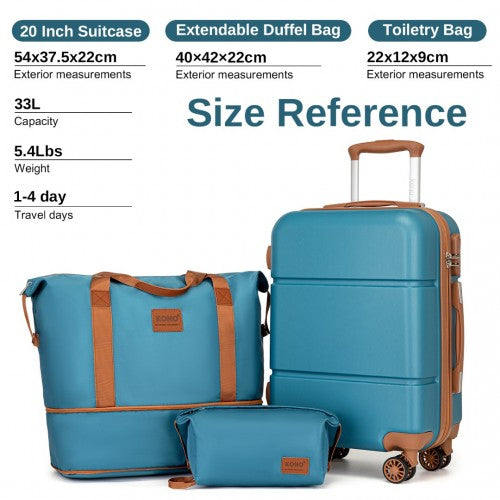 KSK2485+EA2212 - Kono 20 Inch Premium ABS Cabin Carry-On Suitcase Set With Weekend Bag And Toiletry Bag - Blue And Brown