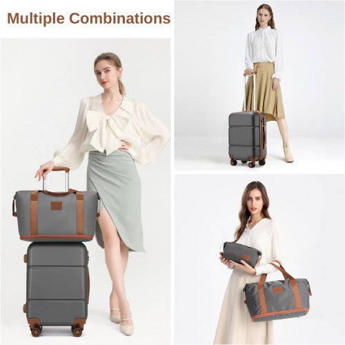 KSK2485+EA2212 - Kono 20 Inch Premium ABS Cabin Carry-On Suitcase Set With Weekend Bag And Toiletry Bag - Grey And Brown