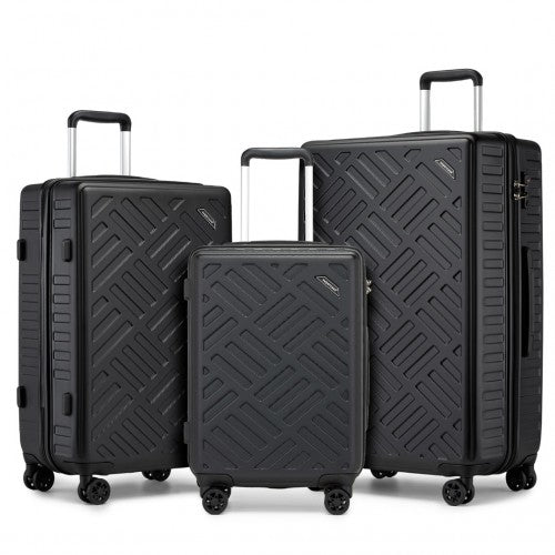 KSS2495 - Supercase 3-Piece Sleek Geometric Pattern Hard Shell ABS+PC Suitcase Set with TSA Lock For Effortless Travel - Black