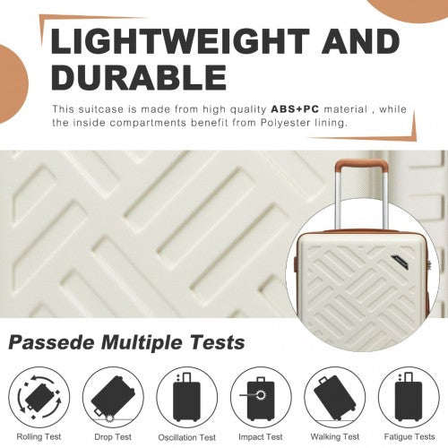 KSS2495 - Supercase 3-Piece Sleek Geometric Pattern Hard Shell ABS+PC Suitcase Set with TSA Lock For Effortless Travel - Cream And Brown