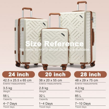 KSS2495 - Supercase 3-Piece Sleek Geometric Pattern Hard Shell ABS+PC Suitcase Set with TSA Lock For Effortless Travel - Cream And Brown