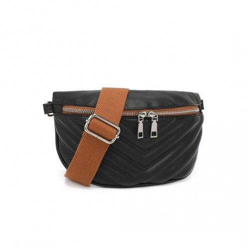 LB2307 - Miss Lulu Wide Strap Bum Bag Lightweight Adjustable Waist Bag - Black And Brown