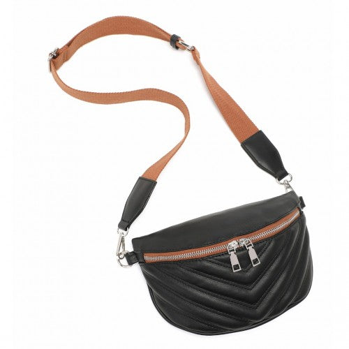 LB2307 - Miss Lulu Wide Strap Bum Bag Lightweight Adjustable Waist Bag - Black And Brown