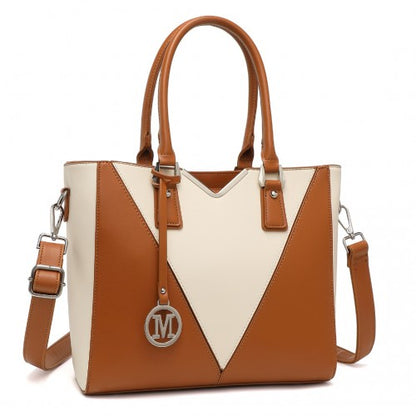 Easy Luggage LG1641 - Miss Lulu Leather Look V-Shape Shoulder Handbag - Brown And Beige