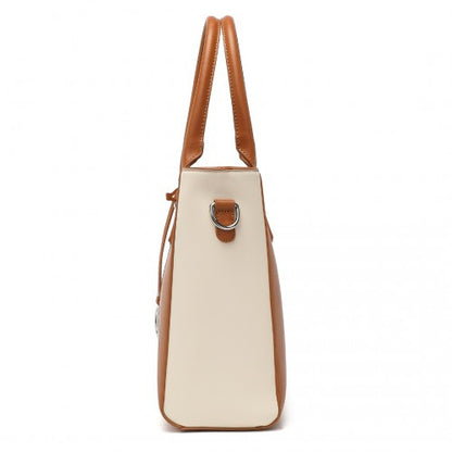 Easy Luggage LG1641 - Miss Lulu Leather Look V-Shape Shoulder Handbag - Brown And Beige