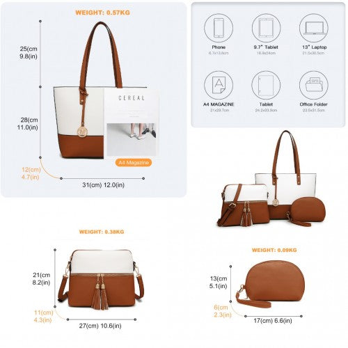 LG2023 - Miss Lulu 3 Piece Leather Look Tote Bag Set - Beige And Brown