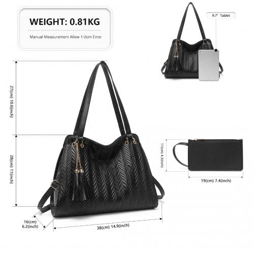 Easy Luggage LG2339 - Miss Lulu Chic Embossed Tote With Tassel Detail And Card Pouch - Black