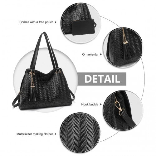 Easy Luggage LG2339 - Miss Lulu Chic Embossed Tote With Tassel Detail And Card Pouch - Black