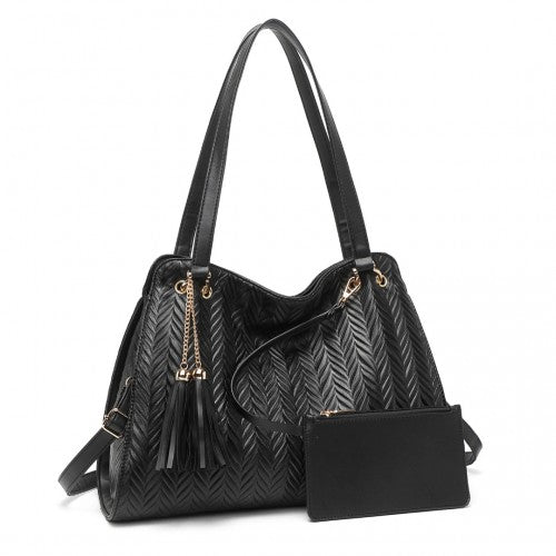 Easy Luggage LG2339 - Miss Lulu Chic Embossed Tote With Tassel Detail And Card Pouch - Black