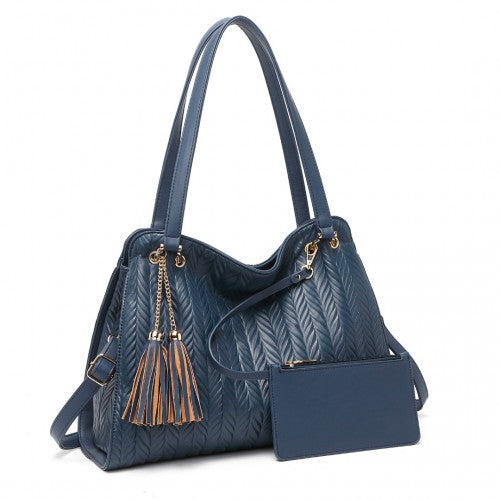 Easy Luggage LG2339 - Miss Lulu Chic Embossed Tote With Tassel Detail And Card Pouch - Navy