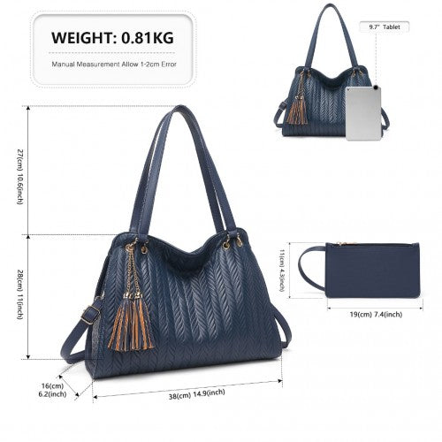 Easy Luggage LG2339 - Miss Lulu Chic Embossed Tote With Tassel Detail And Card Pouch - Navy