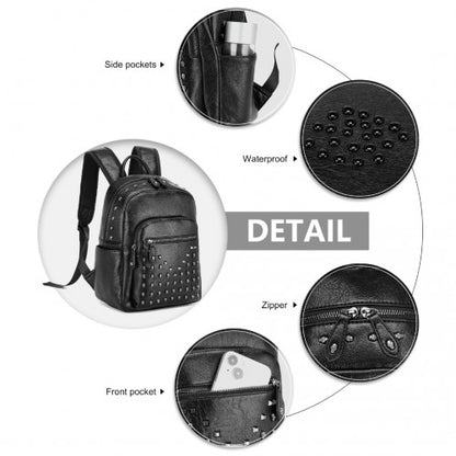 LG2414 - Miss Lulu Fashion PU Leather Skull Studded Backpack Designer Urban Chic Rock Style Stylish City Backpack with Detailed Studs - Black