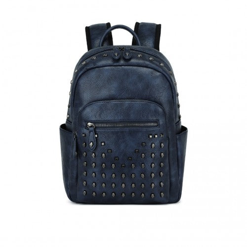 LG2414 - Miss Lulu Fashion PU Leather Skull Studded Backpack Designer Urban Chic Rock Style Stylish City Backpack with Detailed Studs - Navy