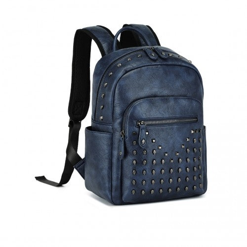 LG2414 - Miss Lulu Fashion PU Leather Skull Studded Backpack Designer Urban Chic Rock Style Stylish City Backpack with Detailed Studs - Navy