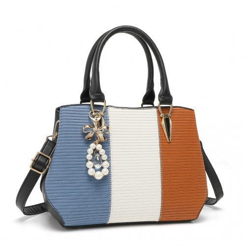 Easy Luggage LG6866 - Miss Lulu Leather Look Colour Block Bow Pendant Handbag - Blue And Brown