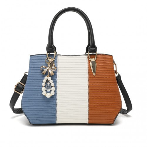 Easy Luggage LG6866 - Miss Lulu Leather Look Colour Block Bow Pendant Handbag - Blue And Brown