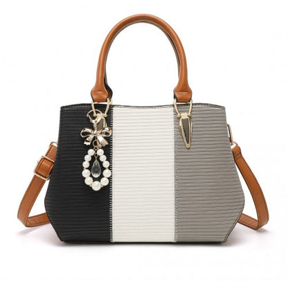 Easy Luggage LG6866 - Miss Lulu Leather Look Colour Block Bow Pendant Handbag - Brown And Grey