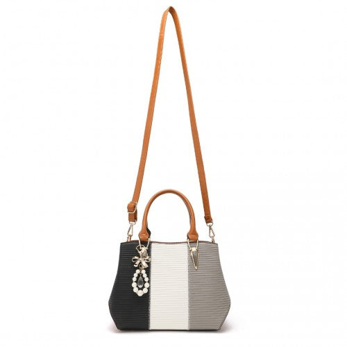 Easy Luggage LG6866 - Miss Lulu Leather Look Colour Block Bow Pendant Handbag - Brown And Grey