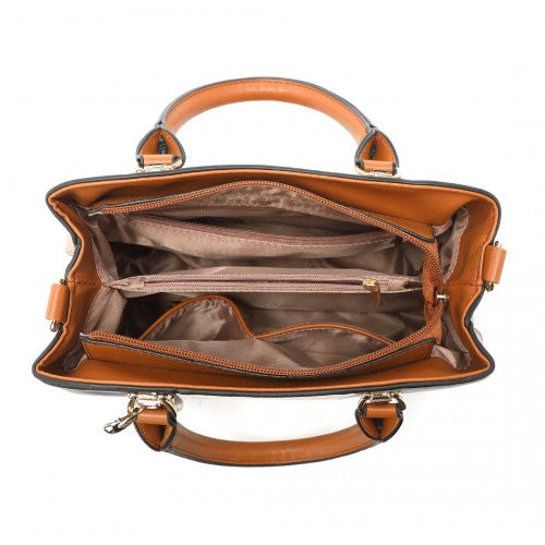 Easy Luggage LG6866 - Miss Lulu Leather Look Colour Block Bow Pendant Handbag - Brown And Grey