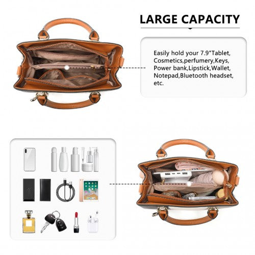 Easy Luggage LG6866 - Miss Lulu Leather Look Colour Block Bow Pendant Handbag - Brown And Grey