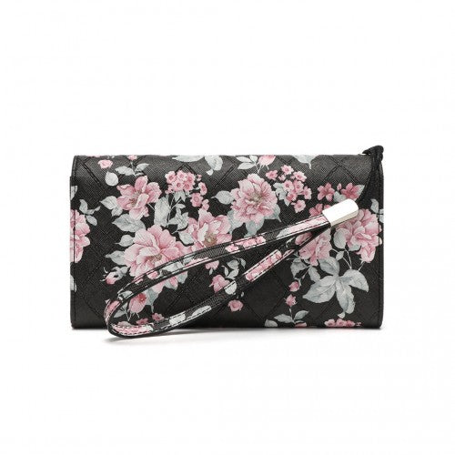 Easy Luggage LP2353F - Miss Lulu Ladies' Flower Printed PU Leather Long Purse - Black