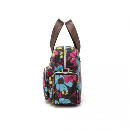 MSK2434F - Kono Versatile Multi-Pocket Travel Bag With Adjustable Detachable Strap And Flower Print - Black