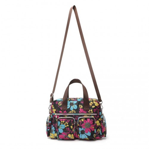 MSK2434F - Kono Versatile Multi-Pocket Travel Bag With Adjustable Detachable Strap And Flower Print - Black