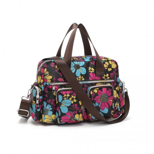 MSK2434F - Kono Versatile Multi-Pocket Travel Bag With Adjustable Detachable Strap And Flower Print - Black