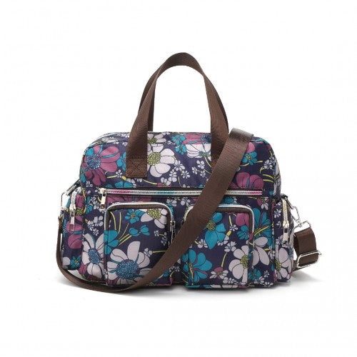 MSK2434F - Kono Versatile Multi-Pocket Travel Bag With Adjustable Detachable Strap And Flower Print - Navy