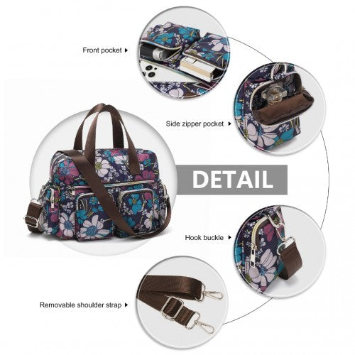 MSK2434F - Kono Versatile Multi-Pocket Travel Bag With Adjustable Detachable Strap And Flower Print - Navy