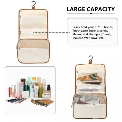 Easy Luggage S2342 - Classic Hanging Multi-Pocket Waterproof Travel Makeup Bag - Beige And Brown