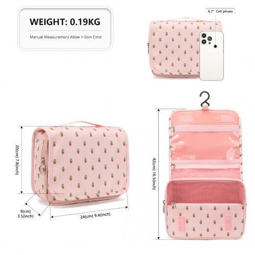 Easy Luggage S2342C - Classic Hanging Multi-Pocket Waterproof Travel Makeup Bag With Cactus Pattern - Pink