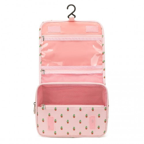 Easy Luggage S2342C - Classic Hanging Multi-Pocket Waterproof Travel Makeup Bag With Cactus Pattern - Pink