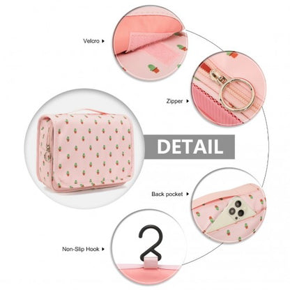 Easy Luggage S2342C - Classic Hanging Multi-Pocket Waterproof Travel Makeup Bag With Cactus Pattern - Pink