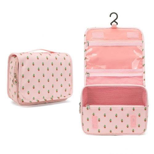 Easy Luggage S2342C - Classic Hanging Multi-Pocket Waterproof Travel Makeup Bag With Cactus Pattern - Pink