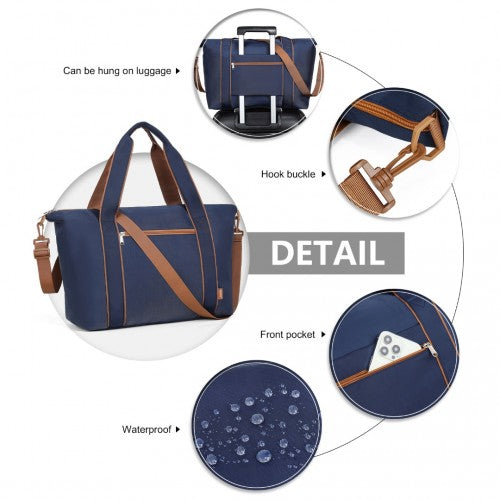 TVK2420 - Kono Lightweight Waterproof Weekender Tote Bag Foldable Cabin Flight Duffel Ideal for Underseat Carry-On Travel - Navy and Brown