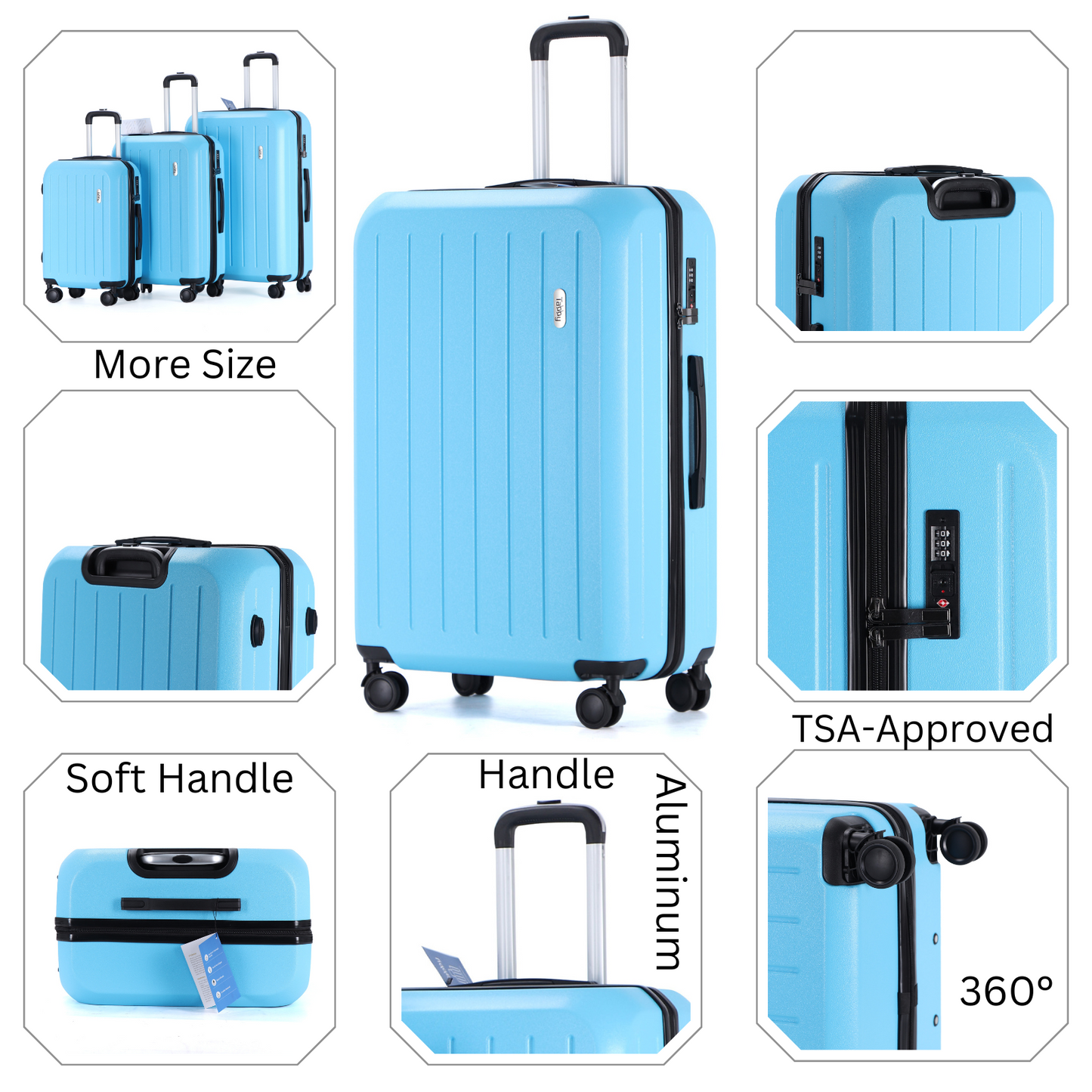 Easy Luggage Tabby Deluxe: ABS Suitcase with 4 Wheels, TSA Lock, Aluminum Frame - 20", 24", 28" Sizes - Sky Blue